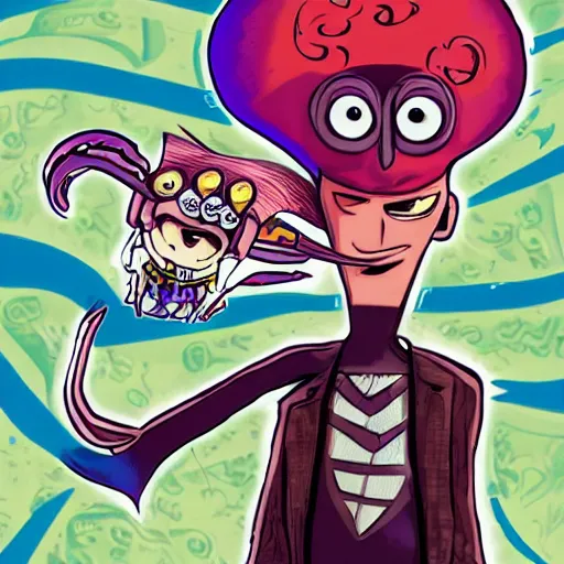 Image similar to psychic punk rocker electrifying rockstar squid guy with a vampire squid for a head concept character designs of various shapes and sizes by genndy tartakovsky and splatoon by nintendo and the psychonauts franchise by doublefine tim shafer artists as well as the artist for the new hotel transylvania film