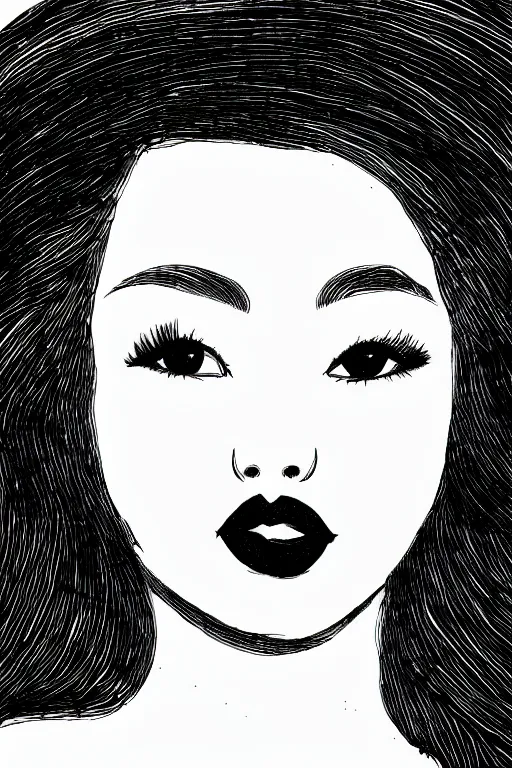 Image similar to ink lineart drawing of a beautiful woman, doll face, big lips, white background, etchings by goya, chinese brush pen, illustration, high contrast, deep black tones contour