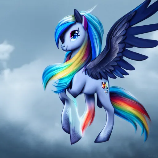 Prompt: Rainbow Dash, Equine Photography, Pegasus, Light-blue coat with rainbow mane and tail, realistic 4k