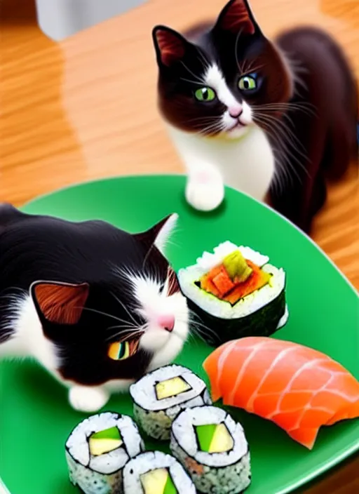 Prompt: clear photorealistic picture of adorable cats eating sushi