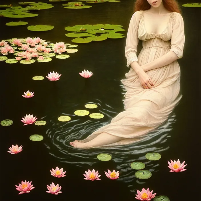 Image similar to Kodak Portra 400, 8K, soft light, volumetric lighting, highly detailed, britt marling style 3/4 ,portrait photo of a beautiful woman how pre-Raphaelites painter, the face emerges from the water of a pond with water lilies, julie dillon, a beautiful lace dress and hair are intricate with highly detailed realistic beautiful flowers , Realistic, Refined, Highly Detailed, natural outdoor soft pastel lighting colors scheme, outdoor fine art photography, Hyper realistic, photo realistic