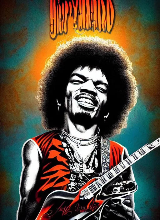 Prompt: a photorealistic dramatic hyperrealistic stylish graphic color poster illustration of jimmy hendrix, voodoo child by joe fenton, color concert poster art design, beautiful dynamic dramatic dark moody lighting, shadows, cinematic atmosphere, octane render, 8 k