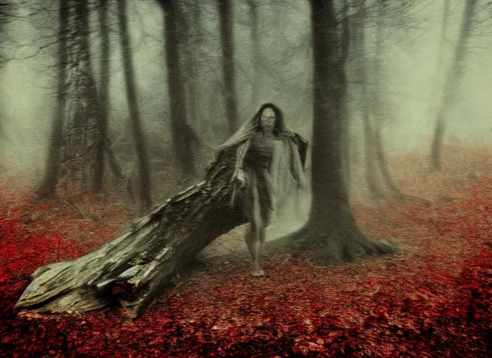 Image similar to baba yaga in the wood, by Jakub Rozalski, lomography photo, blur, unfocus, red monochrome