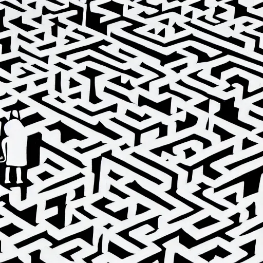 Prompt: people lost in a maze surreal painting monochrome isometric