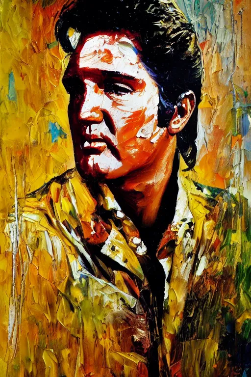 Image similar to highly detailed palette knife oil painting of Elvis Presley, wealthy, wise, by Peter Lindbergh, impressionistic brush strokes, painterly brushwork