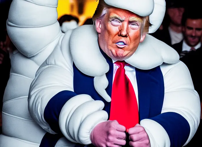 Prompt: donald trump dressed as the michelin man, flash photograph,