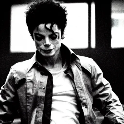 Prompt: michael jackson as tylor durden in the movie fight club, photo, still frame, cinematic.