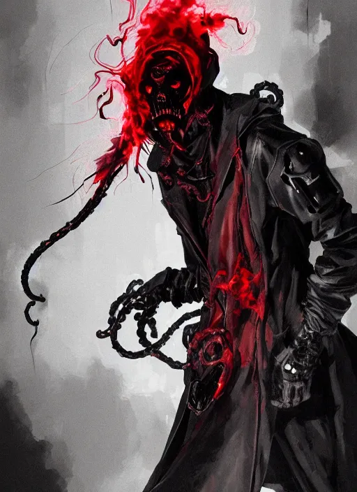 Image similar to half body portrait of an evil deity, a squid man in black mask and black rugged long trench coat made of smoke, red aura, tentacles. in style of yoji shinkawa and hyung - tae kim, trending on artstation, dark fantasy, great composition, concept art, highly detailed, dynamic pose.