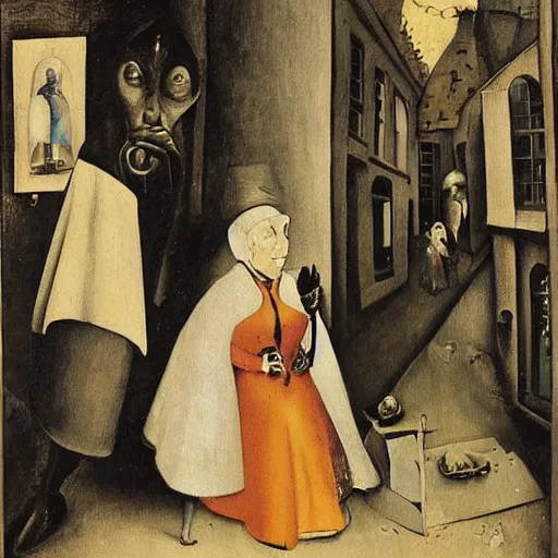 Image similar to queen elizabeth painted as a beggar in a dark forbidding alleyway by george grosz and hieronymus bosch