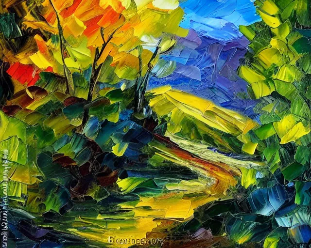 Prompt: palette knife oil painting of a lush canyon landscape