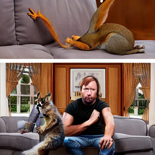 Image similar to alex jones and squirrel squad in living room drinking modelos