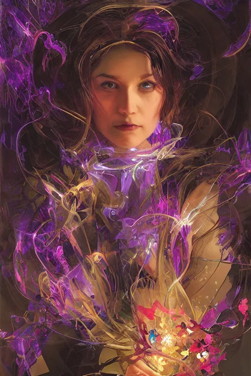 Image similar to she dreams of arcs of purple flame intertwined with glowing sparks, glinting particles of ice, dramatic lighting, steampunk, bright neon, secret holographic cyphers, red flowers, solar flares, high contrast, smooth, sharp focus, art nouveau, painting by ruan jia and greg rutkowski and Alphonse Mucha