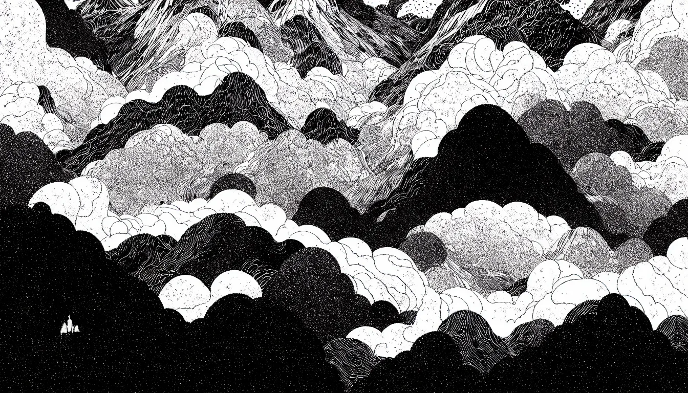 Image similar to clouds beneath mountain peaks by nicolas delort, moebius, victo ngai, josan gonzalez, kilian eng