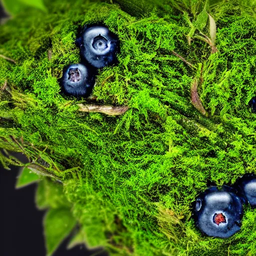 Prompt: closeup of a leafy blueberry bush in nordic forest with moss and twigs. Digital art. 4K. Artistic. Detailed drawing. Trending on artstation.