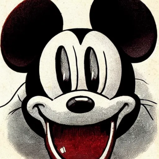 Prompt: front view of a demonic evil mickey mouse cyclops one eye, dripping blood, symmetrical, by jean - baptiste monge!!!!!!!!!!!!!!!!!!!!!!!!!!!