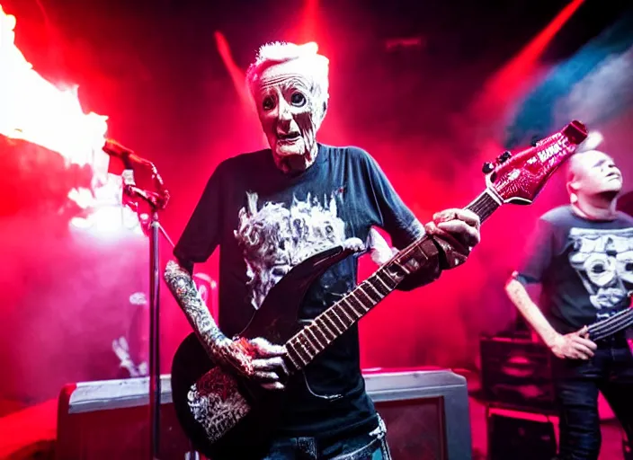 Image similar to publicity photo still of bob barker in a death metal band playing live on stage, 8 k, live concert lighting, mid shot