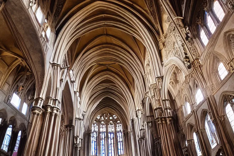 Prompt: symmetrical photo inside a cathedral, ornate highly detailed