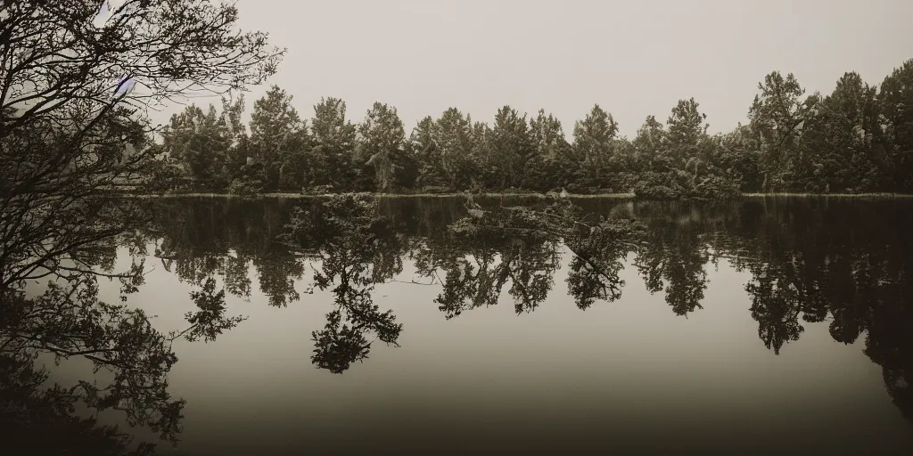 Image similar to symmetrical photograph of a very long rope on the surface of the water, the rope is snaking from the foreground towards the center of the lake, a dark lake on a cloudy day, trees in the background, moody scene, dreamy kodak color stock, anamorphic lens