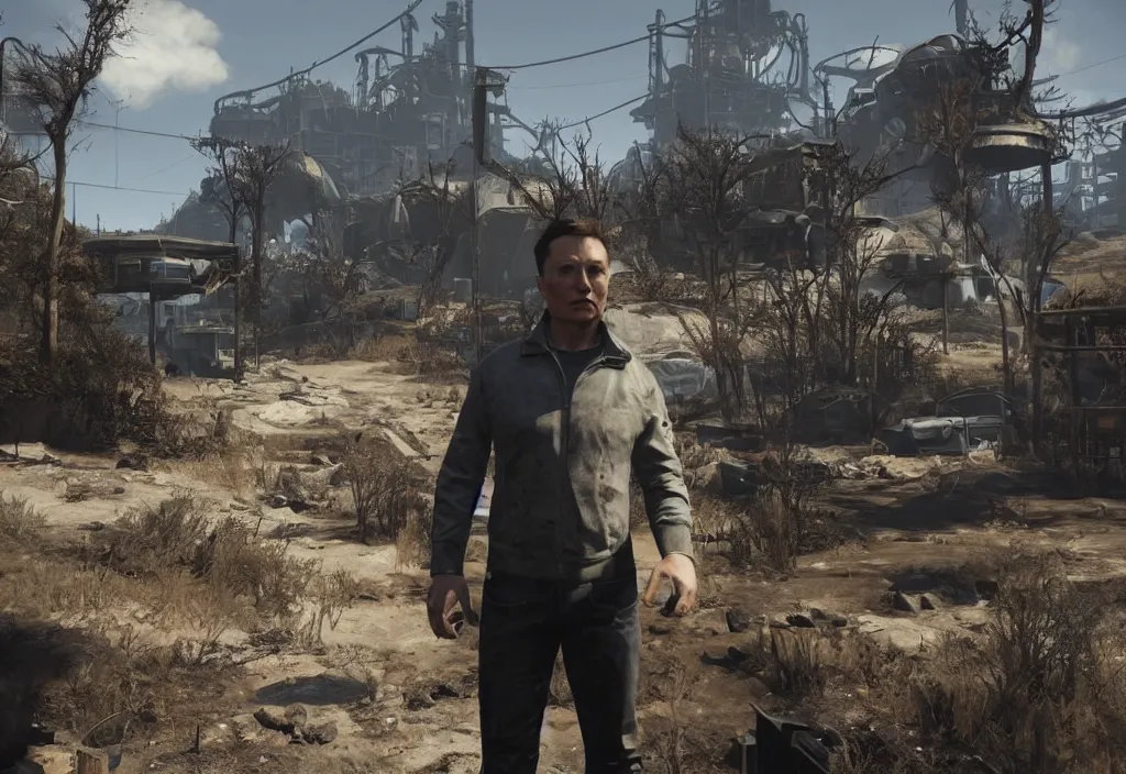 Image similar to elon musk in the video game in fallout 4, apocalyptic wastland, close up, 3 d rendering. unreal engine. amazing likeness. very detailed.