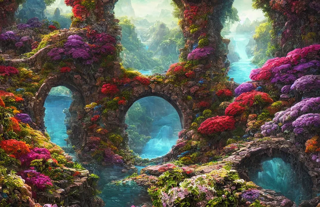 Prompt: a painting of a river winding through a large metallic portal in a cliff valley garden with flowers and plants, a detailed matte painting by android jones :. 0 6, cgsociety :. 5, psychedelic art :. 2 5, detailed painting :. 1, greeble :. 5, biomorphic