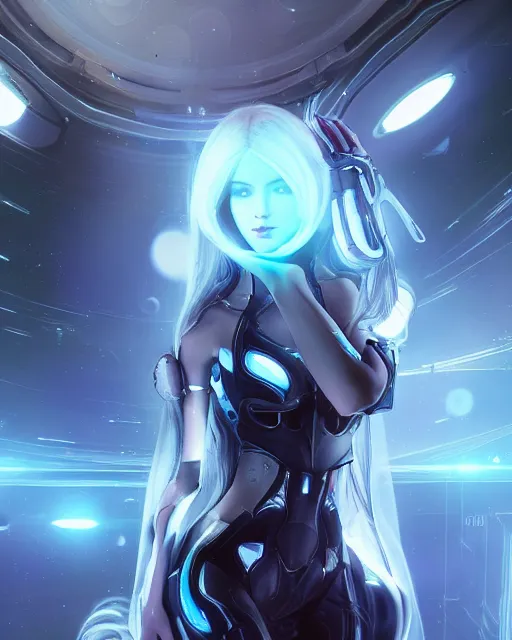 Image similar to perfect android girl on a mothership, warframe armor, beautiful face, scifi, futuristic, galaxy, nebula, raytracing, dreamy, long white hair, blue cyborg eyes, sharp focus, cinematic lighting, highly detailed, artstation, divine, by gauthier leblanc, kazuya takahashi, huifeng huang