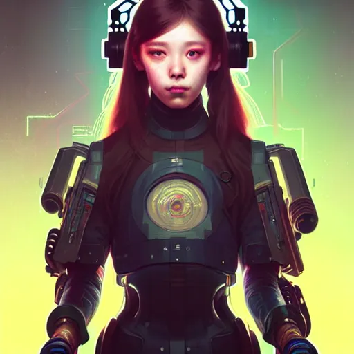 Prompt: portrait painting of cyberpunk chuu loona as a cheerful smiling mercenary, ultra realistic, concept art, intricate details, eerie, highly detailed, photorealistic, octane render, 8 k, unreal engine. art by artgerm and greg rutkowski and magali villeneuve and alphonse mucha