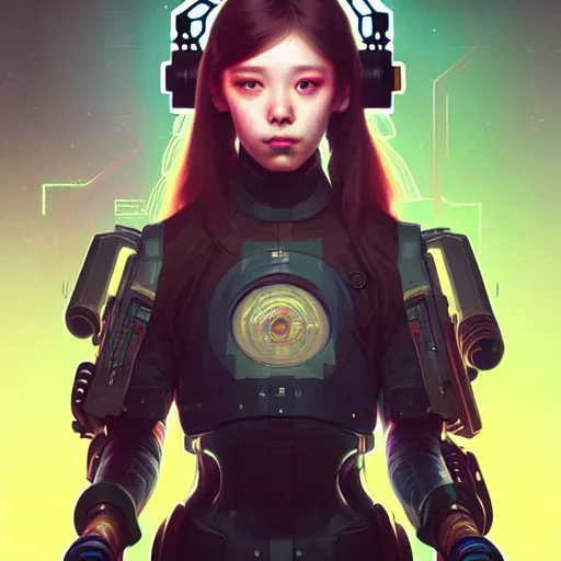 Image similar to portrait painting of cyberpunk chuu loona as a cheerful smiling mercenary, ultra realistic, concept art, intricate details, eerie, highly detailed, photorealistic, octane render, 8 k, unreal engine. art by artgerm and greg rutkowski and magali villeneuve and alphonse mucha