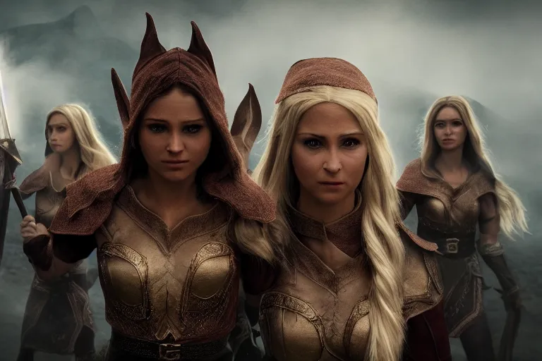 Image similar to a cinematic photograph of three female elf warriors, 8 k, ultra realistic, dramatic lighting, real faces, mist