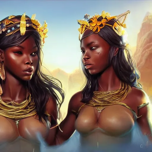 Prompt: beautiful Zulu goddesses holding hands, focused, worried, highly detailed, artstation, concept art, sharp, illustration, art by artgerm and Ross Tran