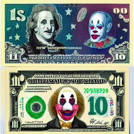 Prompt: A dollar banknote with a colorful clown face printed on it in the middle, whiteface makeup