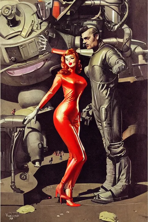 Image similar to 5 0 s pulp scifi fantasy illustration full body portrait elegant woman wearing latex spacesuit in venusian city, by norman rockwell, roberto ferri, daniel gerhartz, jack kirby, earle bergey, ruan jia, jason fabok, tom lovell, alex malveda, dean cornwell, astounding stories, amazing, fantasy, other worlds