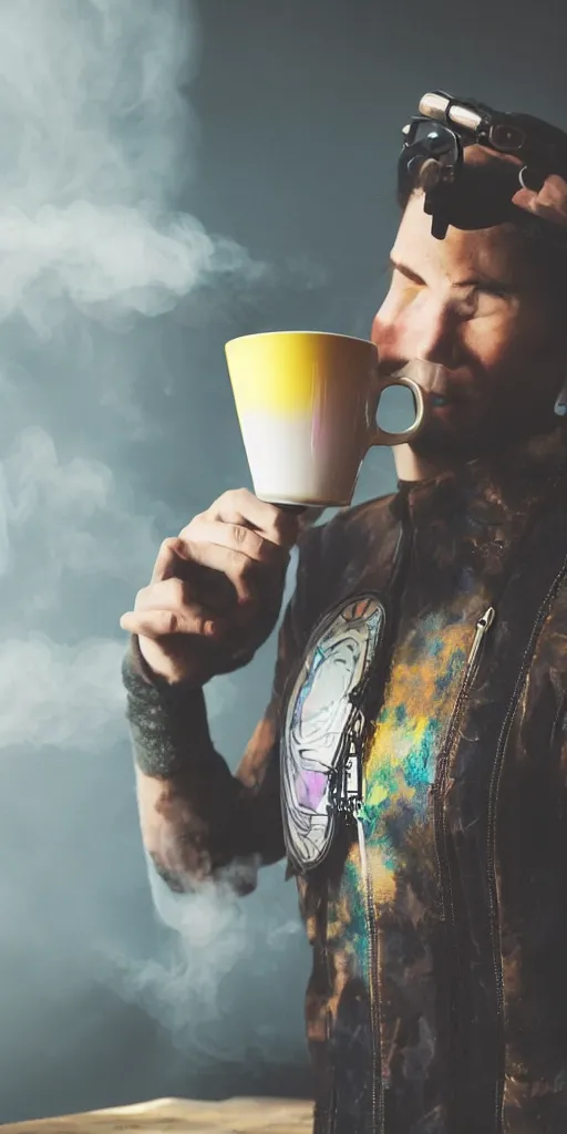 Prompt: stylish mug, filled with steaming hot coffee, standing on a table. cyberpunk style. colorful.