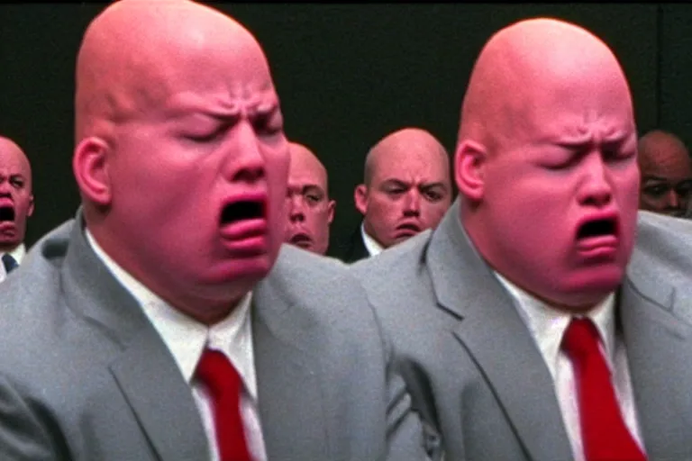 Image similar to crying coneheads testifying in court, detailed facial expressions