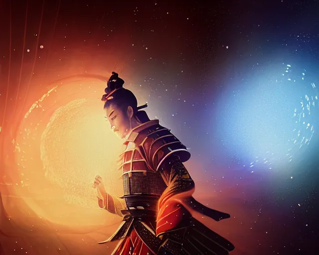 Image similar to a graceful samurai made of a illuminated star chart running through a space nebula by greg rutkowski, high key lighting, volumetric light, digital art, highly detailed, fine detail, intricate, ornate, complex, octane render, unreal engine, photorealistic