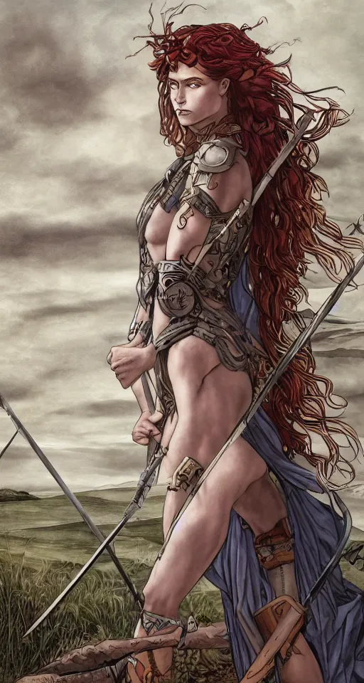 Image similar to boudica the barbarian queen, in a mixed style of Botticelli and Æon Flux, inspired by pre-raphaelite paintings and shoujo manga, a misty moor landscape in the background, hyper detailed, stunning inking lines, flat colors, 4K photorealistic