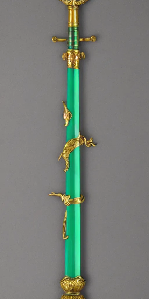 Image similar to photograph of a large green and teal crystal sword with a gold sword hilt