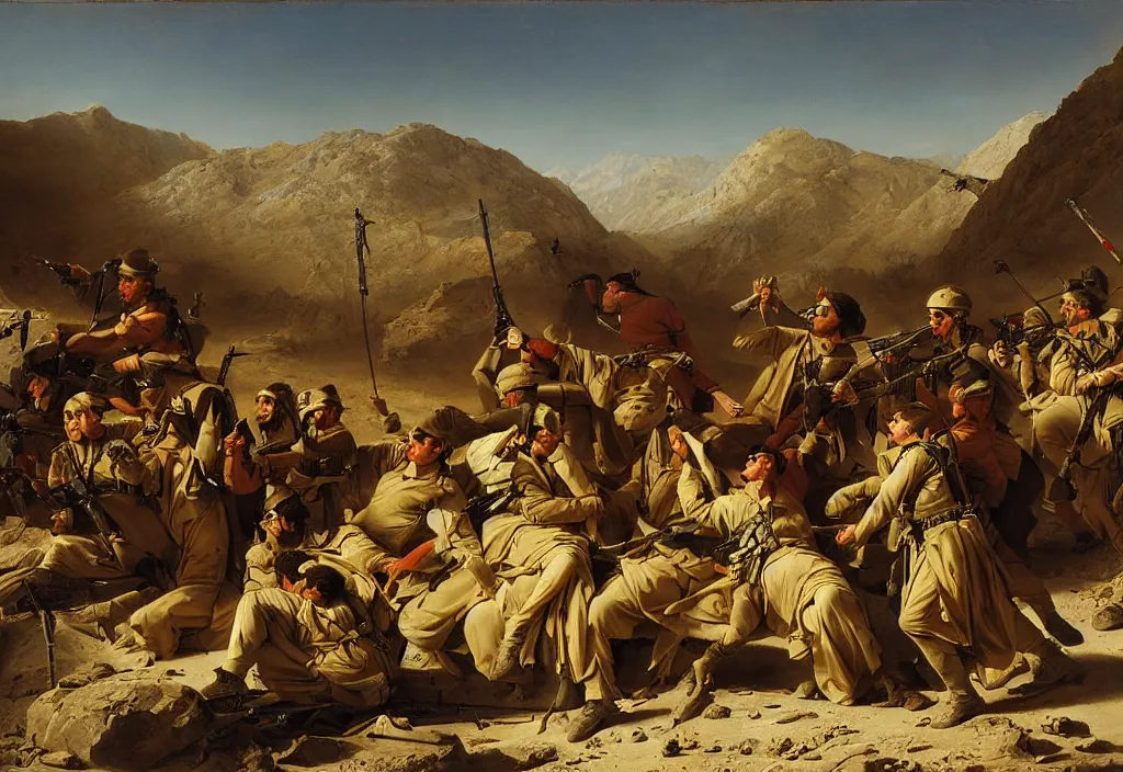 Prompt: afghanistan war portrait by jacques - louis david, desert, us army, battlefield, helicopters firing, bombs