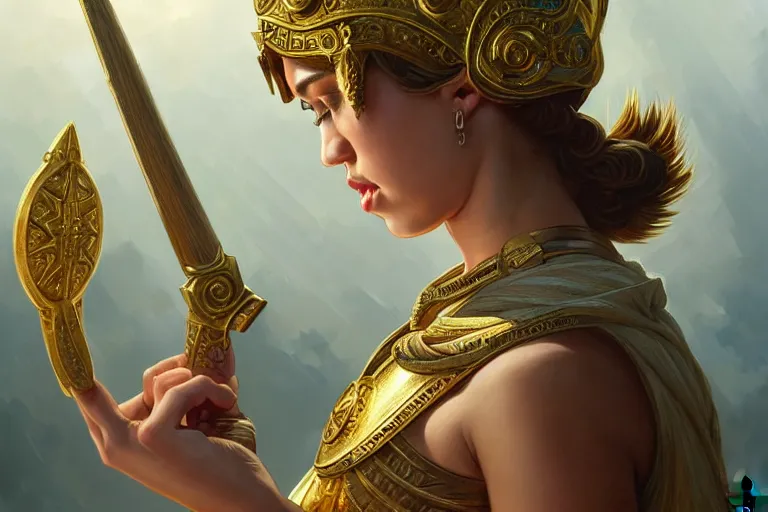 Image similar to miley cyrus as greek goddess athena, closeup, d & d, fantasy, intricate, elegant, highly detailed, digital painting, artstation, concept art, matte, sharp focus, illustration, hearthstone, art by artgerm and greg rutkowski and alphonse mucha