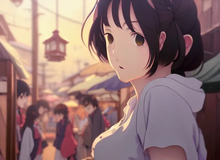 Image similar to a film still portrait of a very beautiful girl, finely detailed features, closeup at the faces, perfect art, at a market, night time,, gapmoe yandere grimdark, trending on pixiv fanbox, painted by greg rutkowski makoto shinkai takashi takeuchi studio ghibli, akihiko yoshida