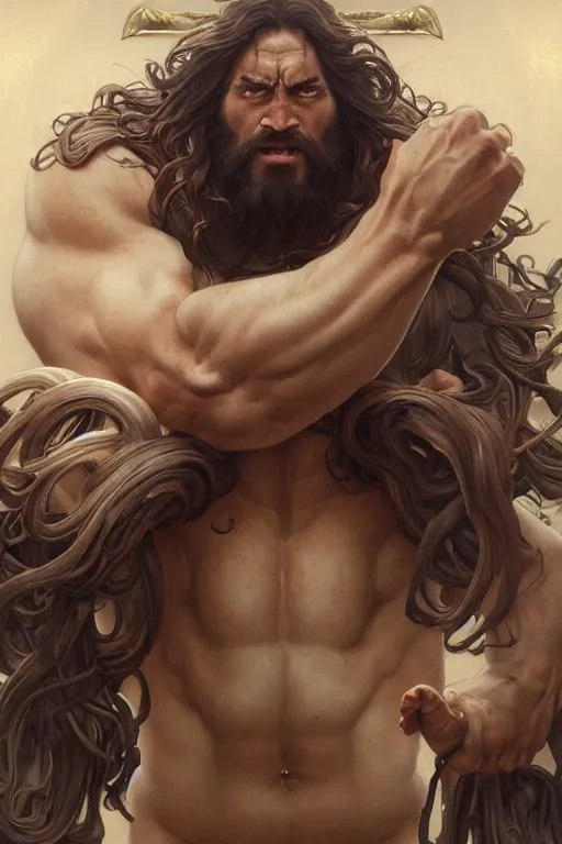 Image similar to hulking herculean ogre jesus christ, masterpiece, intricate, elegant, highly detailed, digital painting, artstation, concept art, smooth, sharp focus, illustration, art by artgerm and greg rutkowski and alphonse mucha and uang guangjian and gil elvgren and sachin teng, symmetry!!