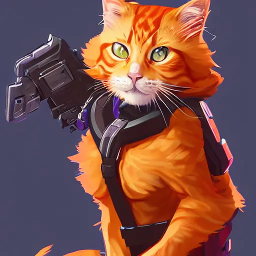 Image similar to ginger cat as overwatch character, digital illustration portrait design, by android jones and greg rutkowski, retrowave color scheme, detailed, cinematic lighting, wide angle action dynamic portrait