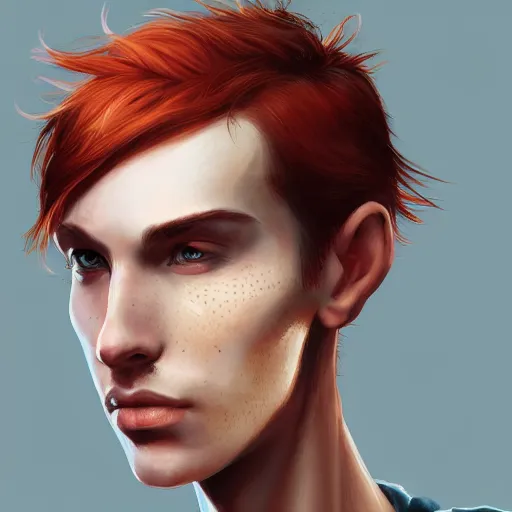 Image similar to portrait of a thin young man with long red hair, ponytail, a lot of freckles on his face, intricate, elegant, glowing lights, highly detailed, digital painting, artstation, concept art, smooth, sharp focus, illustration