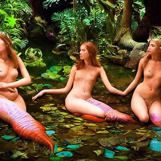 Prompt: beautiful mermaids lounging in a jungle oasis, portrait documentary National Geographic