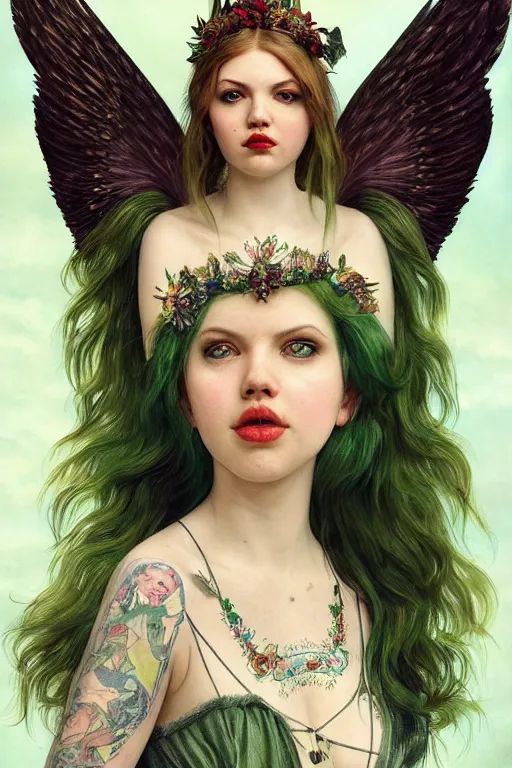 Prompt: a portrait of hannah murray, a gorgeous green haired queen of birds, angel wings, with a tattered dress and glasses, with feather decoration, tattooed pinup, cinematic lighting, photorealistic, octane render, depth of field, art by artgerm and greg rutkowski and alphonse mucha and uang guangjian and gil elvgren and sachin ten