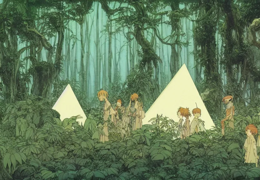 Prompt: a movie still from a studio ghibli film showing several large white pyramids in a swampy jungle. by studio ghibli, rebecca guay, michael kaluta, charles vess