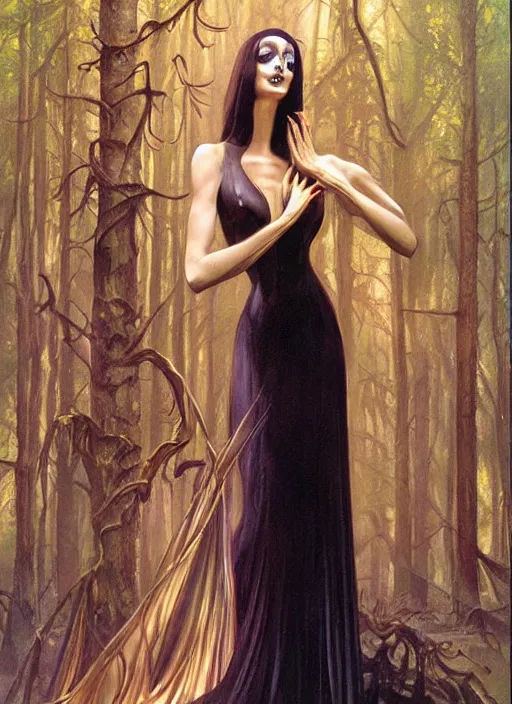 Prompt: slender sylph queen, black iron crown, diamond shimmering dress, strong line, deep color, forest, beautiful! coherent! by boris vallejo, by brom