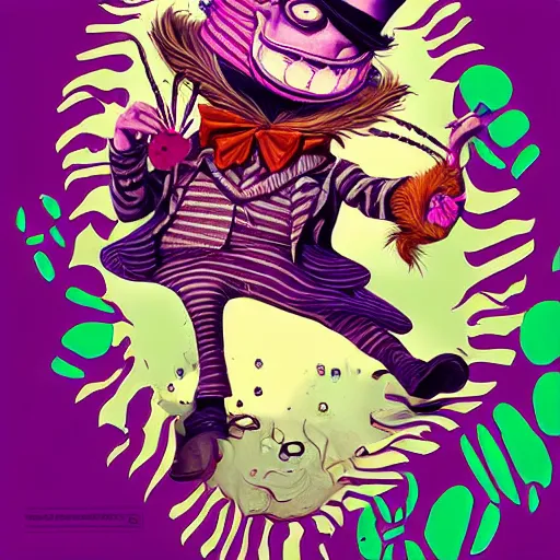 Image similar to graphic illustration, creative design, alice in wonderland with willy wonka, biopunk, francis bacon, highly detailed, hunter s thompson, concept art