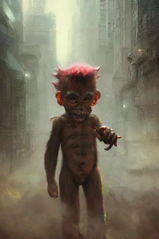 Image similar to miniature joker ape kid, realistic and ultra intricate detailed soft painting, volumetric lighting, mist, cityscape background, Artstation, Tom Bagshaw Yasushi Nirasawa Moebius artstyle, unreal render, depth of field,