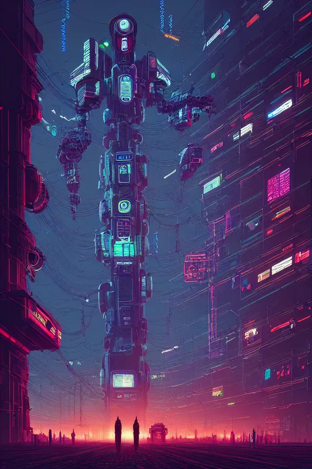 Prompt: cyberpunk mechatower made out of billions of stacked computer screens by simon stalenhag and dan mumford, 2 0 2 2, intricate, omnipresent ai god, mass effect fantasy, cinematic lighting