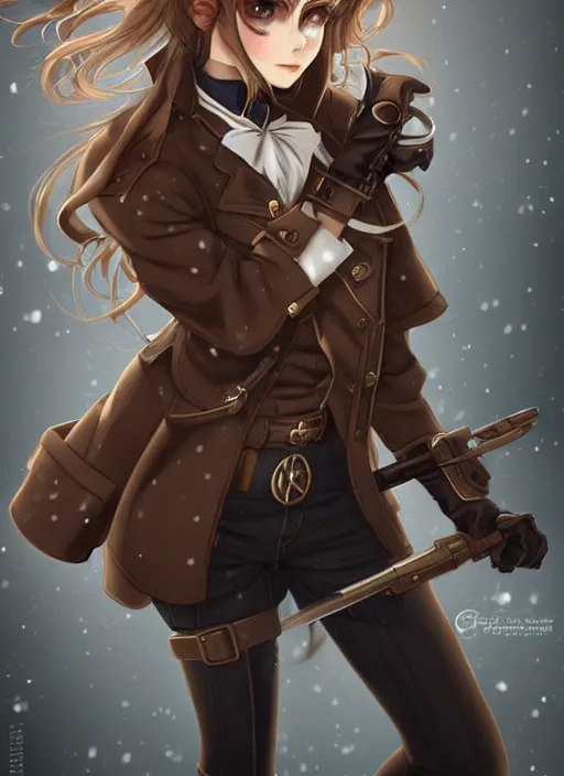 Image similar to girl with steampunk weapons and uniform, serious, intense, finely detailed, made by artgerm, full body portrait, illustration, snow, snowing, cloudy, anime, side view, perfect anime face, realistic face, zoomed out, smooth, brown eyes, high waisted shorts, sharp focus